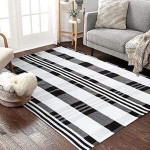 Buffalo Plaid Outdoor Rug Doormat 3'x5' Cotton Woven Black and White Checkered Rugs Machine Washable Stripe Area Rug Indoor Outdoor Carpet Layered Door Mats for Farmhouse Living Room Porch Bedroom