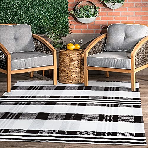 Buffalo Plaid Outdoor Rug Doormat 3'x5' Cotton Woven Black and White Checkered Rugs Machine Washable Stripe Area Rug Indoor Outdoor Carpet Layered Door Mats for Farmhouse Living Room Porch Bedroom