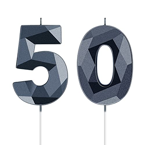 50th Birthday Candles, 3D Diamond Birthday Candles Number 5 Number 0 Candles Numeral Topper Birthday Cake Candles for Birthday Wedding Party Decoration (Black)