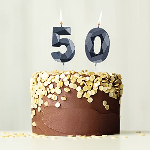 50th Birthday Candles, 3D Diamond Birthday Candles Number 5 Number 0 Candles Numeral Topper Birthday Cake Candles for Birthday Wedding Party Decoration (Black)