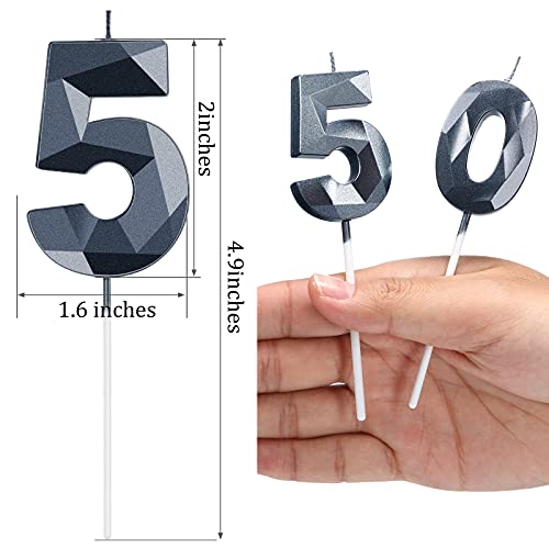 50th Birthday Candles, 3D Diamond Birthday Candles Number 5 Number 0 Candles Numeral Topper Birthday Cake Candles for Birthday Wedding Party Decoration (Black)