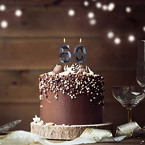 50th Birthday Candles, 3D Diamond Birthday Candles Number 5 Number 0 Candles Numeral Topper Birthday Cake Candles for Birthday Wedding Party Decoration (Black)