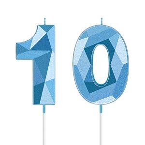 10th birthday candles 3d diamond shape number candles numeral birthday cake topper cake candles for birthday decoration family baking reunions theme party cake decorating supplies (blue)