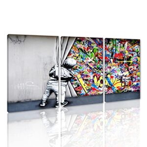 behind the curtain canvas prints banksy graffiti wall art paintings pop art colorful posters stretched pictures for living room modern home decor framed ready to hang – 72” x 36”