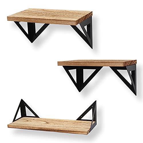 Rustic Wood Wall Shelves Set of 3,Floating Shelves Wall Mounted with Metal Bracket, Wall Mounted Farmhouse Shelves for Living Room, Kitchen, Bedroom and Bathroom