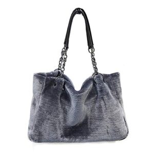 qtmy faux fur tote bag purse handbag for women (gray)
