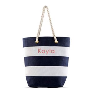 WEDDINGSTAR Personalized Large Bliss Striped Cotton Canvas Fabric Tote Bag- Navy and White