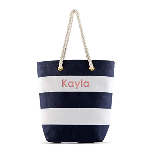 WEDDINGSTAR Personalized Large Bliss Striped Cotton Canvas Fabric Tote Bag- Navy and White