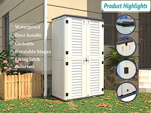 HOMSPARK Vertical Storage Shed Weather Resistance, Double-layer Outdoor Storage Cabinet Multi-purpose for Backyards and Patios Accessories, (50 in. L x 29 in. W x 82 in. H, 52 Cubic Feet, Cream White)