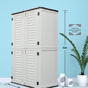 HOMSPARK Vertical Storage Shed Weather Resistance, Double-layer Outdoor Storage Cabinet Multi-purpose for Backyards and Patios Accessories, (50 in. L x 29 in. W x 82 in. H, 52 Cubic Feet, Cream White)