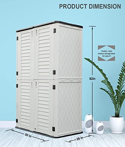 HOMSPARK Vertical Storage Shed Weather Resistance, Double-layer Outdoor Storage Cabinet Multi-purpose for Backyards and Patios Accessories, (50 in. L x 29 in. W x 82 in. H, 52 Cubic Feet, Cream White)