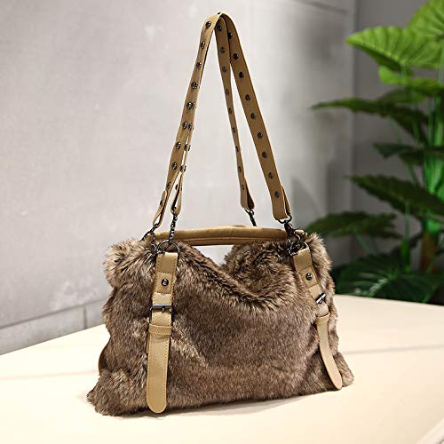 QTMY Brown Faux Fur Tote Crossbody Bag Purse Handbag for Women