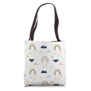 rainbow pattern in pink blue & navy on cream white aev084 tote bag