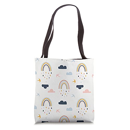Rainbow Pattern in Pink Blue & Navy on Cream White AEV084 Tote Bag