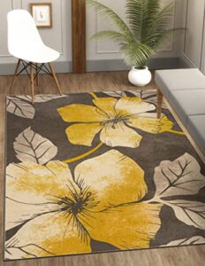 camilson solana modern floral 5’3″ x 7′ area rugs non-skid (non-slip) rubber backing yellow – brown flowers indoor rug (5×7, yellow brown)