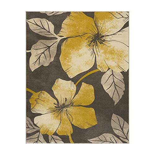 CAMILSON Solana Modern Floral 5'3" x 7' Area Rugs Non-Skid (Non-Slip) Rubber Backing Yellow - Brown Flowers Indoor Rug (5x7, Yellow Brown)