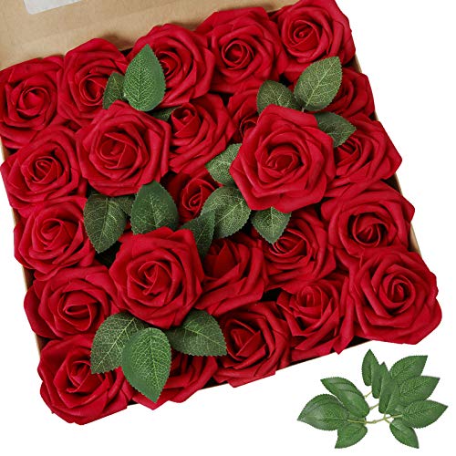 AmyHomie Artificial Flower Red Rose 25pcs Real Looking Fake Roses w/Stem for DIY Wedding Bouquets Centerpieces Arrangements Party Baby Shower Home Decorations