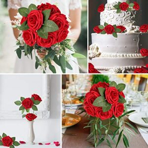 AmyHomie Artificial Flower Red Rose 25pcs Real Looking Fake Roses w/Stem for DIY Wedding Bouquets Centerpieces Arrangements Party Baby Shower Home Decorations