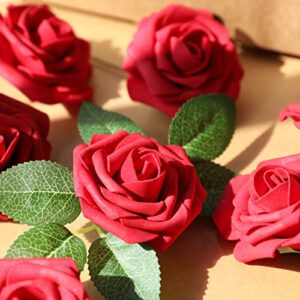 AmyHomie Artificial Flower Red Rose 25pcs Real Looking Fake Roses w/Stem for DIY Wedding Bouquets Centerpieces Arrangements Party Baby Shower Home Decorations