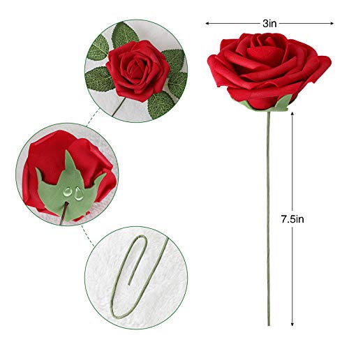 AmyHomie Artificial Flower Red Rose 25pcs Real Looking Fake Roses w/Stem for DIY Wedding Bouquets Centerpieces Arrangements Party Baby Shower Home Decorations