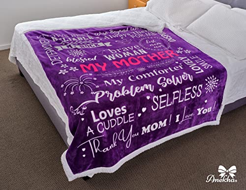 Anekha Mom Blanket – Double Layer Sherpa Fleece – Soft Fluffy Throw, Quality Print – 'Thank You Mom, I Love You' – from Daughter, Son – Gift Birthday, Mother's Day, Christmas, etc. (Twilight Purple)