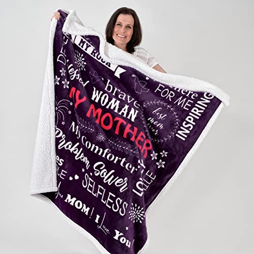 Anekha Mom Blanket – Double Layer Sherpa Fleece – Soft Fluffy Throw, Quality Print – 'Thank You Mom, I Love You' – from Daughter, Son – Gift Birthday, Mother's Day, Christmas, etc. (Twilight Purple)