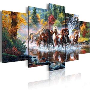 arthome520 golden landscape home decor canvas print painting colorful animal horse picture wall art contemporary framed ready to hang 5 panel (8”x12”x2+8”x16”x2+8”x20”x1)