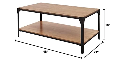 Coral Flower Modern 48 Inch Wood Board Coffee Table for Living Room with Industrial Design Farmhouse Style, Sturdy Metal Frame, and Bottom Storage Shelf，Brown.