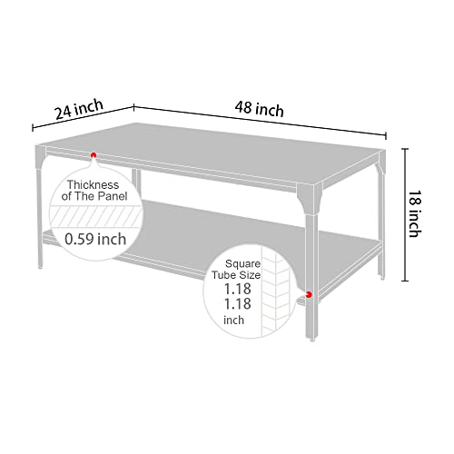 Coral Flower Modern 48 Inch Wood Board Coffee Table for Living Room with Industrial Design Farmhouse Style, Sturdy Metal Frame, and Bottom Storage Shelf，Brown.