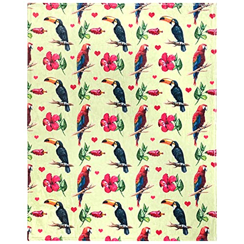 Tropical Birds Throw Blanket, Adorable Super-Soft Extra-Large Parrot and Toucan Blanket for Girls, Women and Children, Fleece Tropical Bird Blanket (50”in x 60”in) Warm and Cozy Throw for Bed or Couch