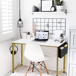 Lufeiya Small Computer Desk White Writing Table for Home Office Small Spaces 31 Inch Modern Student Study Laptop PC Desks with Gold Legs Storage Bag Headphone Hook,White Gold