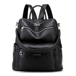 ling shuiwen lsw backpack purse for women fashion convertible satchel handbags large capacity travel vintage pu leather bookbag multipurpose design ladies shoulder bag (black)