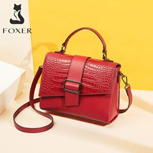 FOXER Small Crossbody Bags for Women, Genuine Leather Crocodile Skin Pattern Medium Size Ladies Top-handle Bags with 2 Shoulder Straps Womens Classic Small Satchel Purses and Handbags (Red)