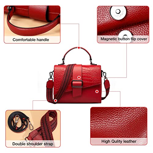 FOXER Small Crossbody Bags for Women, Genuine Leather Crocodile Skin Pattern Medium Size Ladies Top-handle Bags with 2 Shoulder Straps Womens Classic Small Satchel Purses and Handbags (Red)