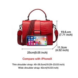 FOXER Small Crossbody Bags for Women, Genuine Leather Crocodile Skin Pattern Medium Size Ladies Top-handle Bags with 2 Shoulder Straps Womens Classic Small Satchel Purses and Handbags (Red)