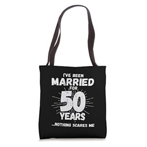 couples married 50 years – funny 50th wedding anniversary tote bag