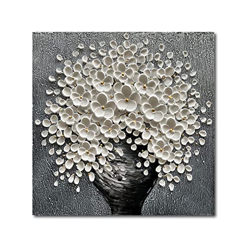 Epicler art White Flower Oil Painting Modern Abstract Art Oil Painting Home Bedroom, Dining Room, Living Room, Office Wall Decoration (20x20 inches)