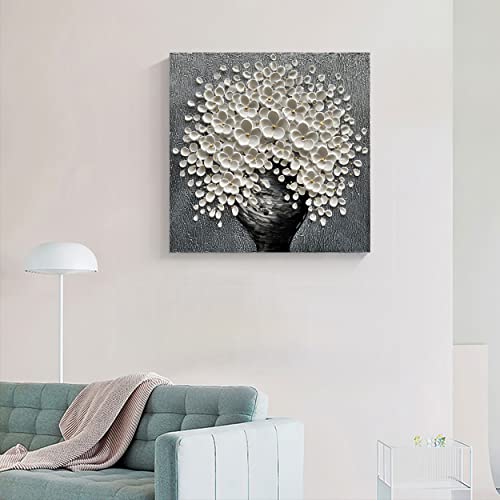 Epicler art White Flower Oil Painting Modern Abstract Art Oil Painting Home Bedroom, Dining Room, Living Room, Office Wall Decoration (20x20 inches)