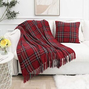 Muse Dream Chenille Fringe Plaid Throw Blanket Red Navy Holiday Classic Buffalo Lightweight Blankets for Sofa Couch All Season Indoor Outdoor Use,Multi-Colored 50" Wx60 L