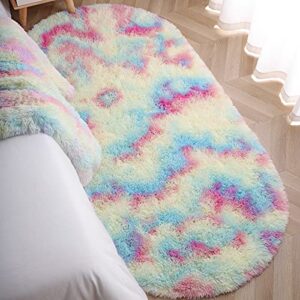 junovo soft rainbow area rugs for girls room, fluffy colorful oval rugs for kids bedroom, cute furry floor carpets shaggy playing mat for kids teens girls baby room nursery home decor, 3ft x 5ft