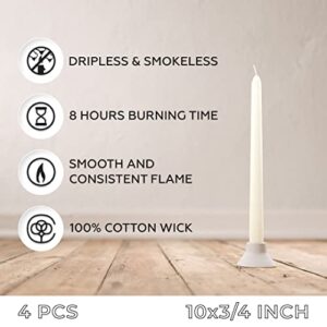 Sonedly 10 inch Taper Candle 4 Pack - Unscented Hand-Dipped Tapered Candles Long Burning Perfect for Home Interior - Dripless and Smokeless Tapered Candles for Home 8-Hour Burning Ivory Candles