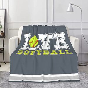 flannel softball blanket for bed couch sofa,i love softball on grey throw blanket,soft cozy plush warm fuzzy sport theme softball gift decor blanket for adults teens kids 50″x40″