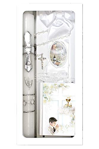 Lito First Communion Candle Set for Boys - White Silver Cross Candle Set Kit for Holy 1st Communion - (English)