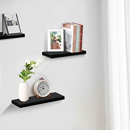 SAUMONIERES Floating Shelves Wall Shelf Solid Wood for Bathroom Bedroom Kitchen Wall Decor Set of 3, Black Wall Shelves