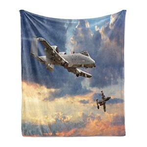ambesonne airplane throw blanket, peacekeepers mission jet up international flight picture aviation theme image, flannel fleece accent piece soft couch cover for adults, 60″ x 80″, blue grey