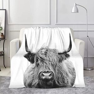 flannel highland cow blanket for bed couch sofa,scotland scottish horns bull cattle throw blanket,soft cozy plush warm fuzzy white grey blanket for adults teens kids 60″x50″