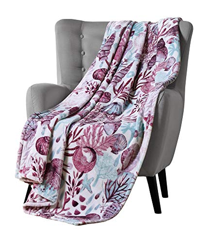 Decorative Ocean Throw Blanket: Coastal Sea Life Jelly Fish Coral Starfish Shells Accent for Couch or Bed, Colors: Purple Aqua White (Ivory Coast)