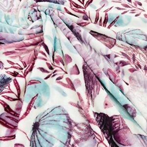Decorative Ocean Throw Blanket: Coastal Sea Life Jelly Fish Coral Starfish Shells Accent for Couch or Bed, Colors: Purple Aqua White (Ivory Coast)