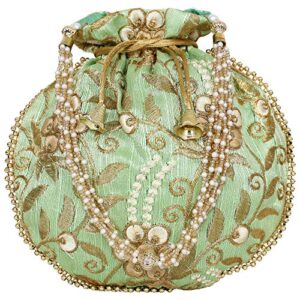 indian ethnic potli bag ladies handbag embroidered floral bag for bridal batwa wedding (light green)