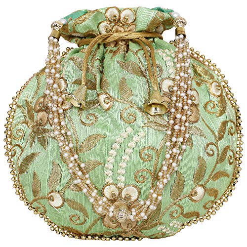 Indian Ethnic Potli bag Ladies Handbag Embroidered Floral Bag for Bridal Batwa Wedding (Light Green)